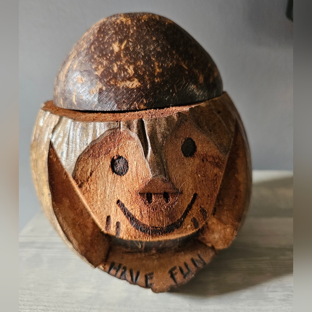 Vintage Handcarved Coconut Shell Coin Bank